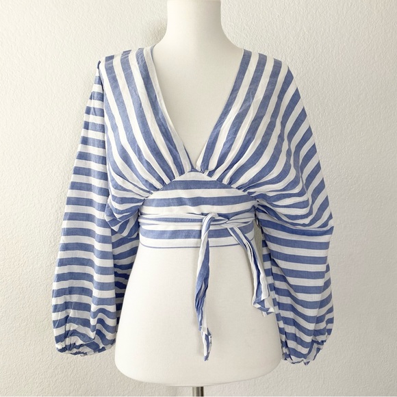 Anthropologie Tops - DOLAN Striped V-Neck Cropped Puff Sleeve Blouse
